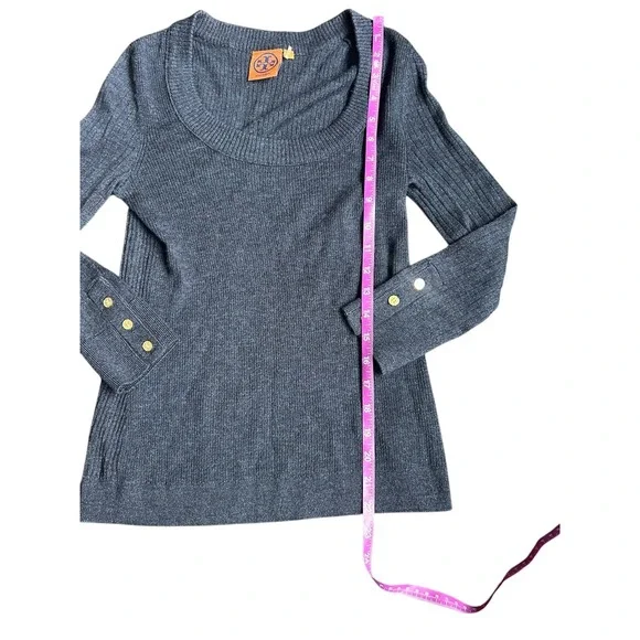 Tory Burch Ribbed Merino Wool Long Sleeve Sweater Crew Neck Navy Blue Size S - Picture 4 of 7